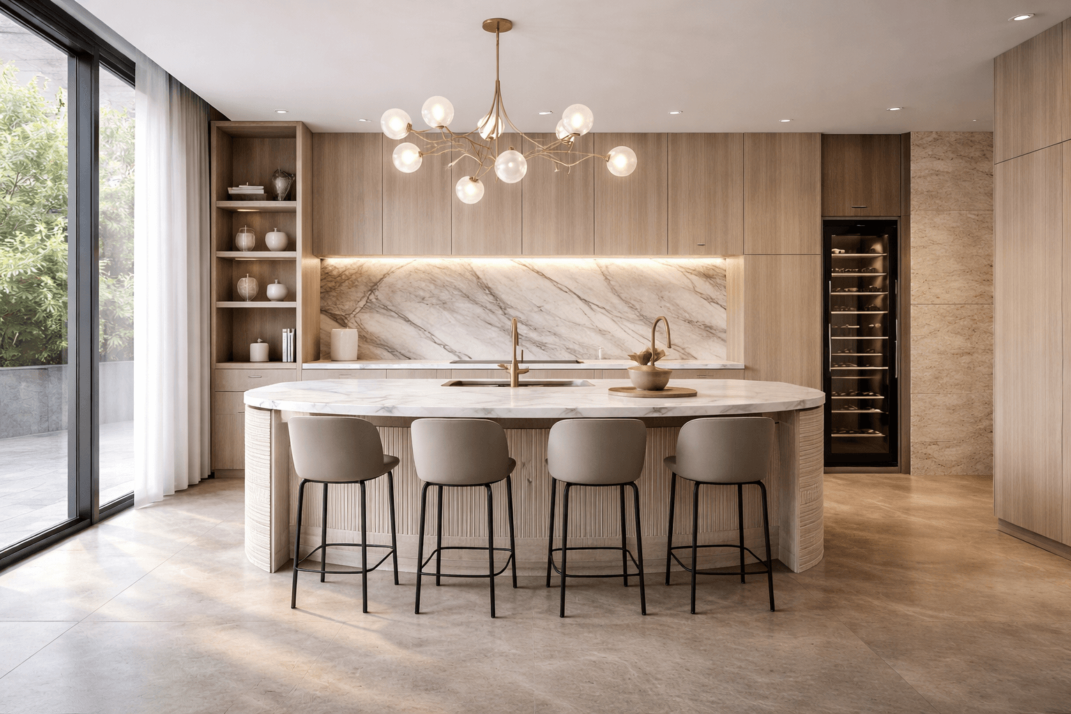 Warm contemporary kitchen render with marble island, wood cabinetry, and brass lighting.